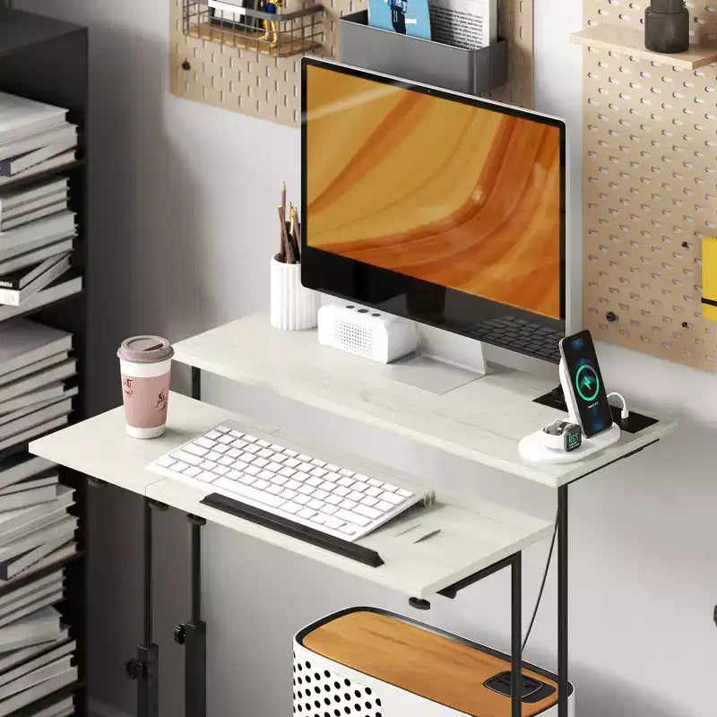 HOMCOM Standing Desk with Power Outlets Height Adjustable Stand Up Desk with Tiltable Tabletop Lockable Wheels Shelf for Home Office