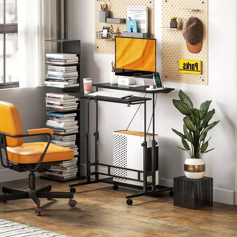 HOMCOM Standing Desk with Power Outlets Height Adjustable Stand Up Desk with Tiltable Tabletop Lockable Wheels Shelf for Home Office