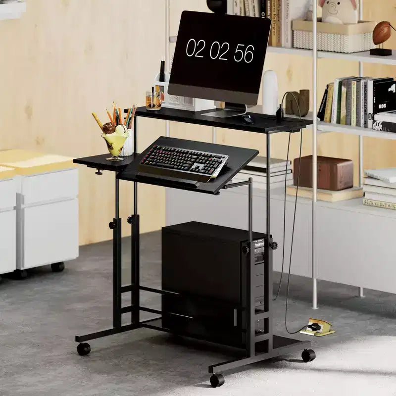 HOMCOM Standing Desk with Power Outlets Height Adjustable Stand Up Desk with Tiltable Tabletop Lockable Wheels Shelf for Home Office