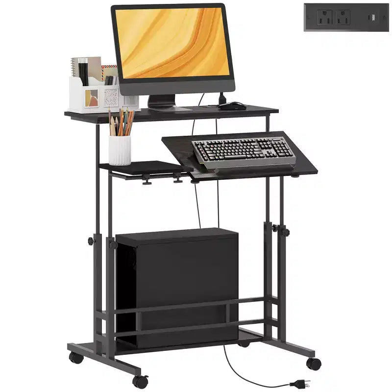 HOMCOM Standing Desk with Power Outlets Height Adjustable Stand Up Desk with Tiltable Tabletop Lockable Wheels Shelf for Home Office