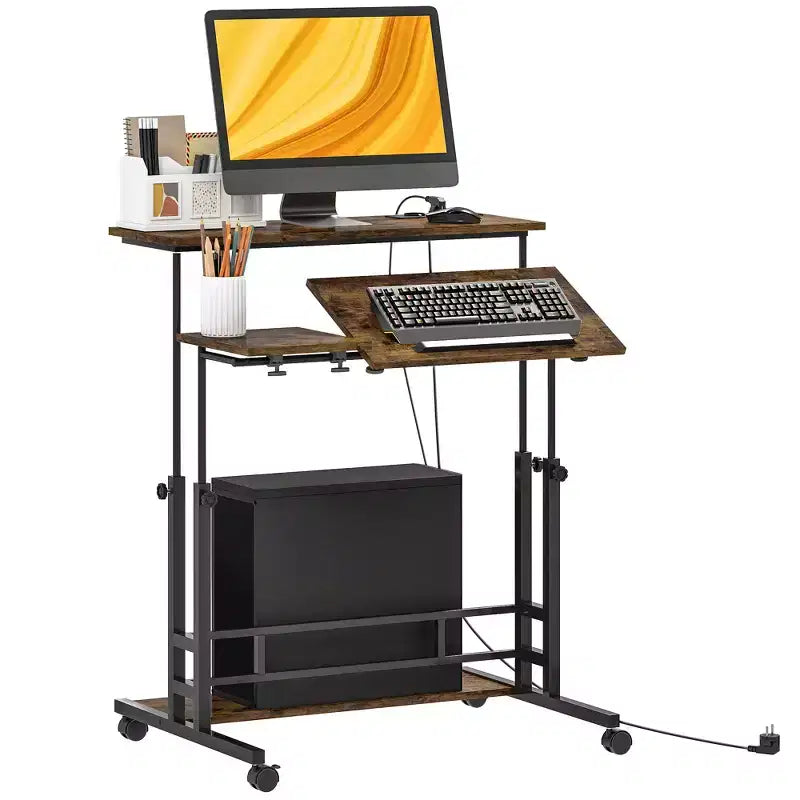 HOMCOM Standing Desk with Power Outlets Height Adjustable Stand Up Desk with Tiltable Tabletop Lockable Wheels Shelf for Home Office