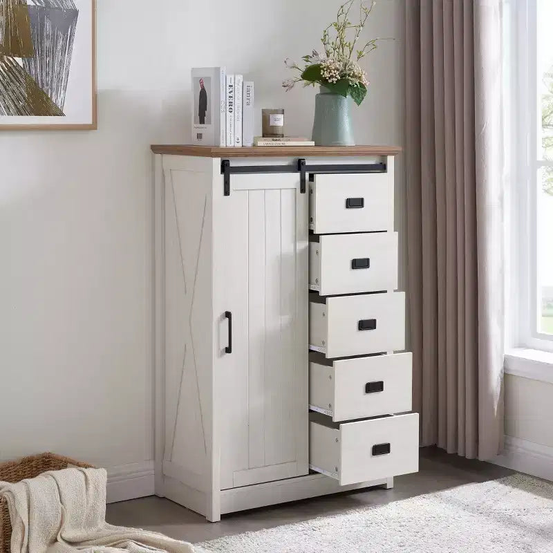 GDFStudio Isador Farmhouse 5-Drawer Wood Dresser with Sliding Barn Door