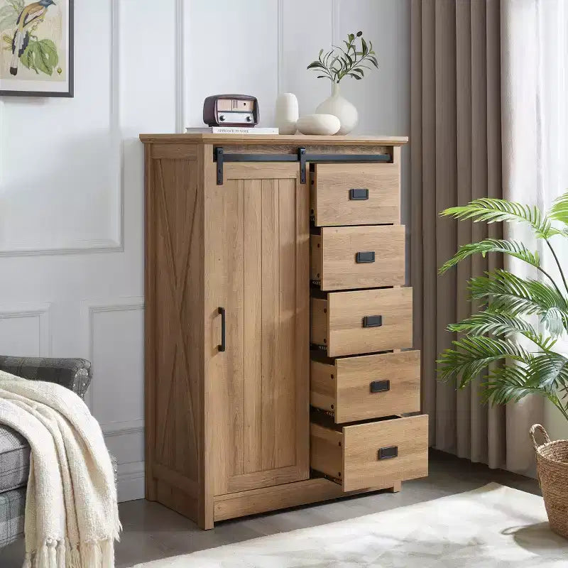 GDFStudio Isador Farmhouse 5-Drawer Wood Dresser with Sliding Barn Door