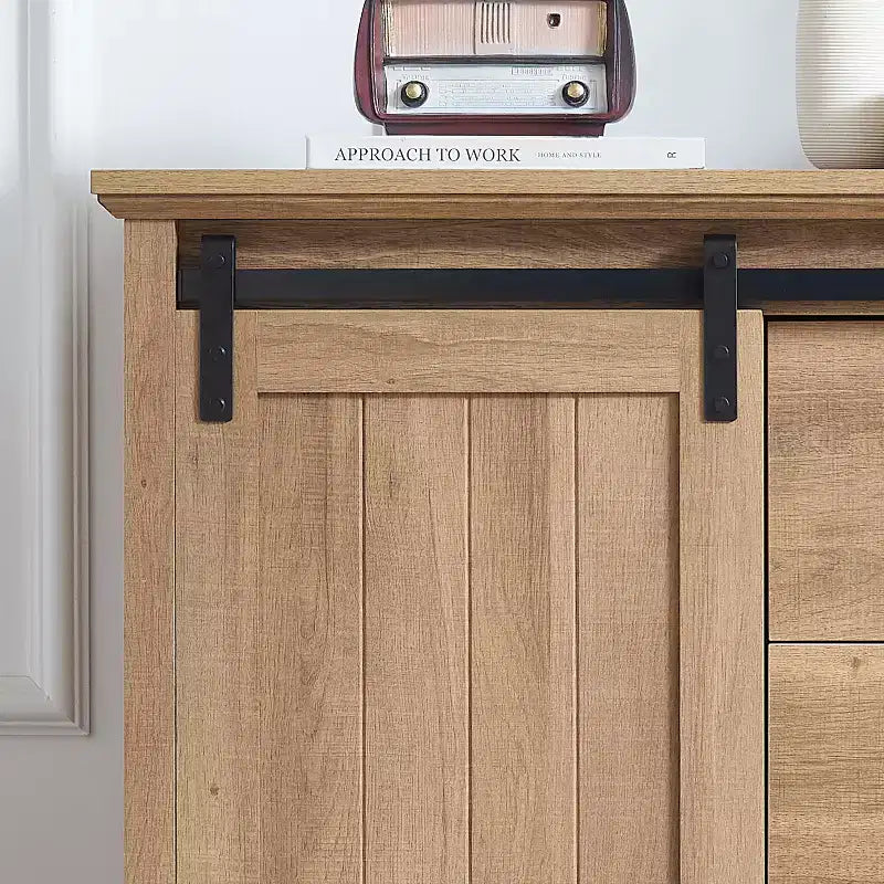 GDFStudio Isador Farmhouse 5-Drawer Wood Dresser with Sliding Barn Door