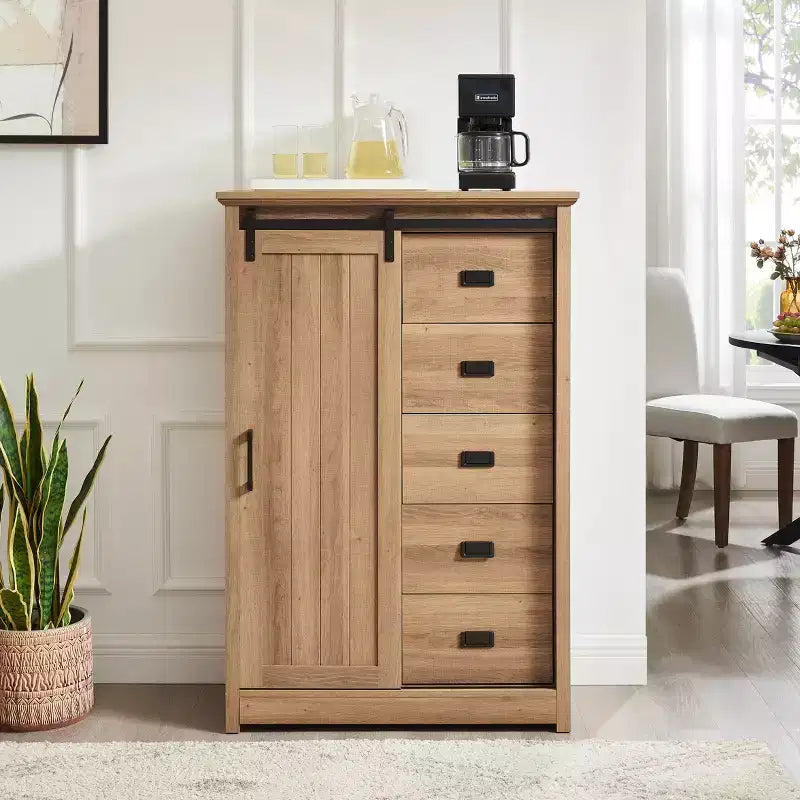 GDFStudio Isador Farmhouse 5-Drawer Wood Dresser with Sliding Barn Door