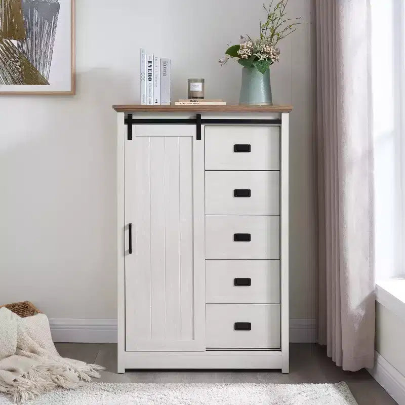 GDFStudio Isador Farmhouse 5-Drawer Wood Dresser with Sliding Barn Door