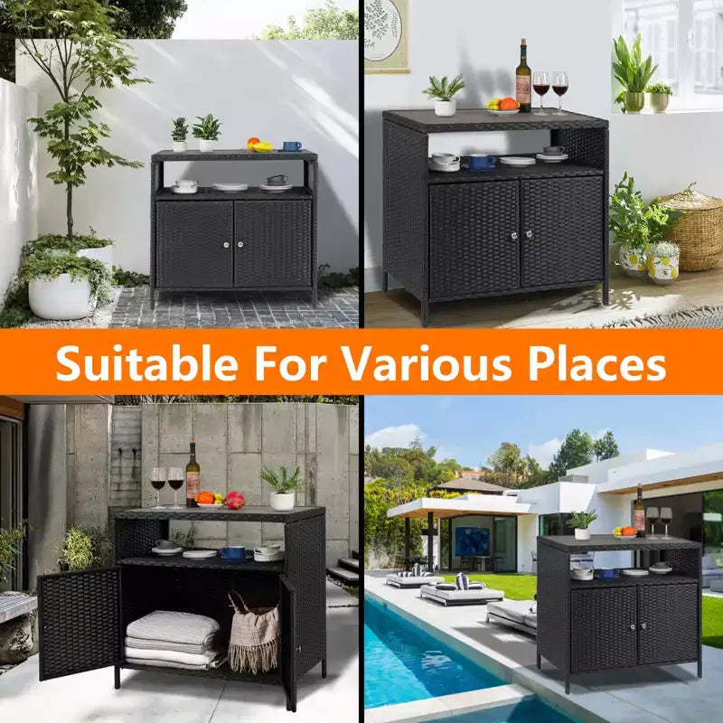 Resin Wicker Storage Cabinet Versatile Outdoor/Indoor Organizer with Spacious Tabletop and Shelf Ideal for Patio Garden Poolside or Kitchen Use