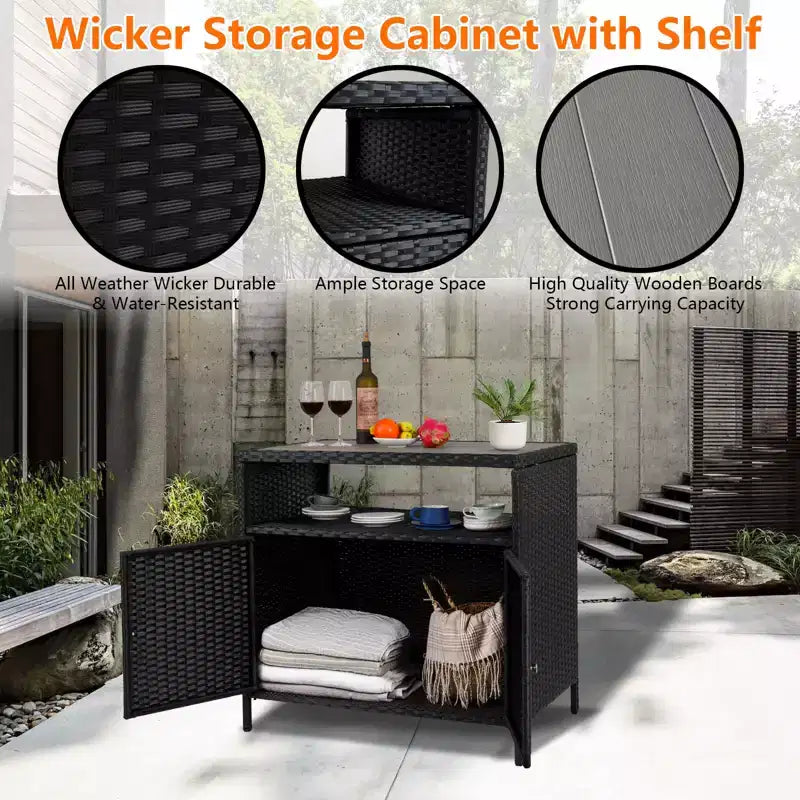 Resin Wicker Storage Cabinet Versatile Outdoor/Indoor Organizer with Spacious Tabletop and Shelf Ideal for Patio Garden Poolside or Kitchen Use