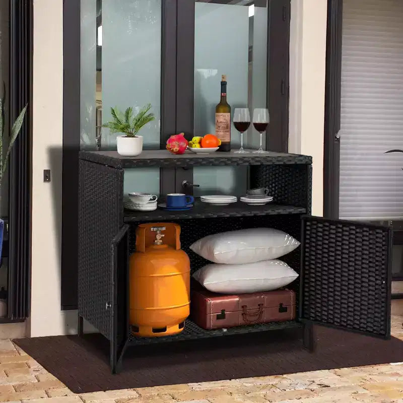 Resin Wicker Storage Cabinet Versatile Outdoor/Indoor Organizer with Spacious Tabletop and Shelf Ideal for Patio Garden Poolside or Kitchen Use