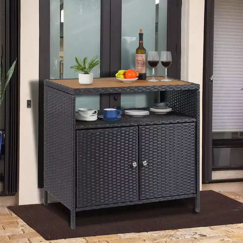 Resin Wicker Storage Cabinet Versatile Outdoor/Indoor Organizer with Spacious Tabletop and Shelf Ideal for Patio Garden Poolside or Kitchen Use
