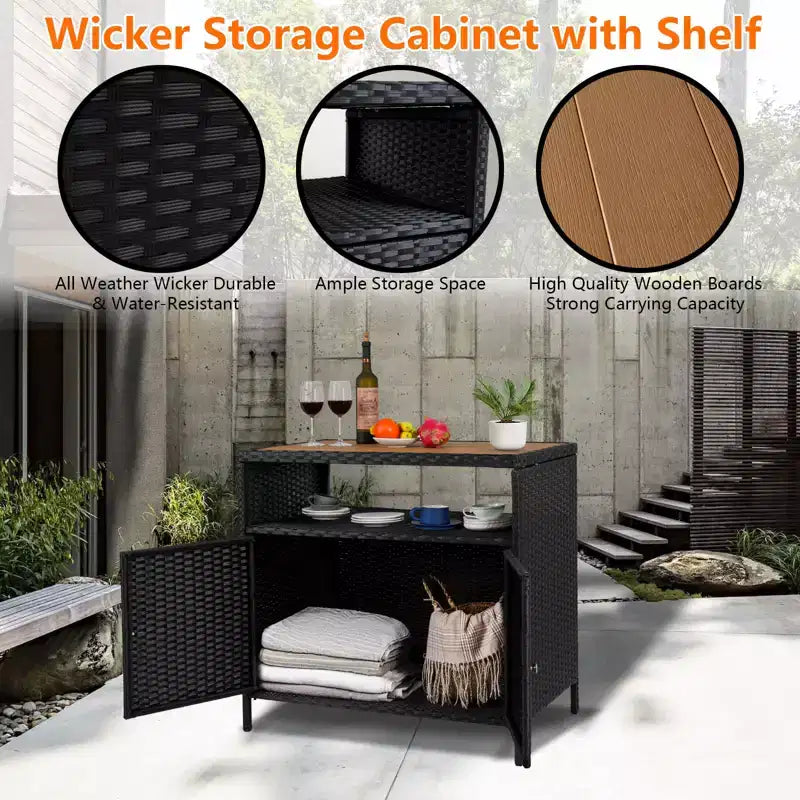 Resin Wicker Storage Cabinet Versatile Outdoor/Indoor Organizer with Spacious Tabletop and Shelf Ideal for Patio Garden Poolside or Kitchen Use
