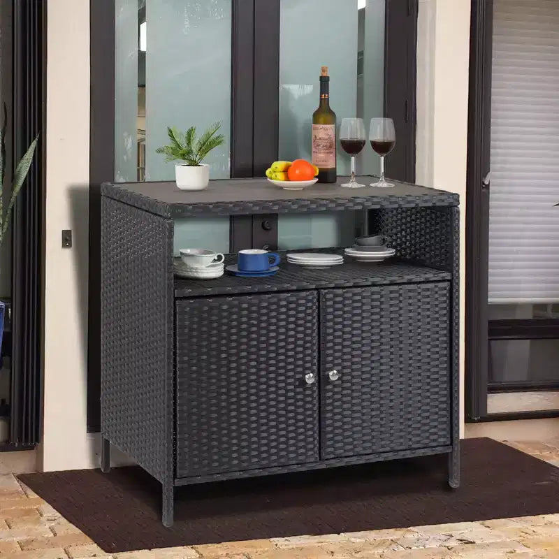 Resin Wicker Storage Cabinet Versatile Outdoor/Indoor Organizer with Spacious Tabletop and Shelf Ideal for Patio Garden Poolside or Kitchen Use