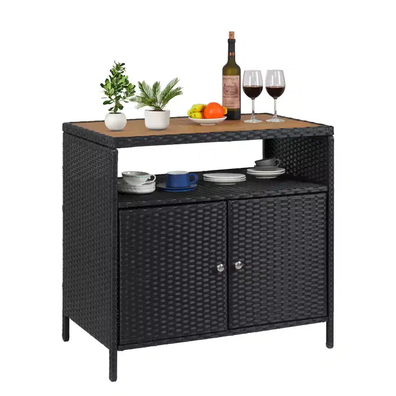 Resin Wicker Storage Cabinet Versatile Outdoor/Indoor Organizer with Spacious Tabletop and Shelf Ideal for Patio Garden Poolside or Kitchen Use