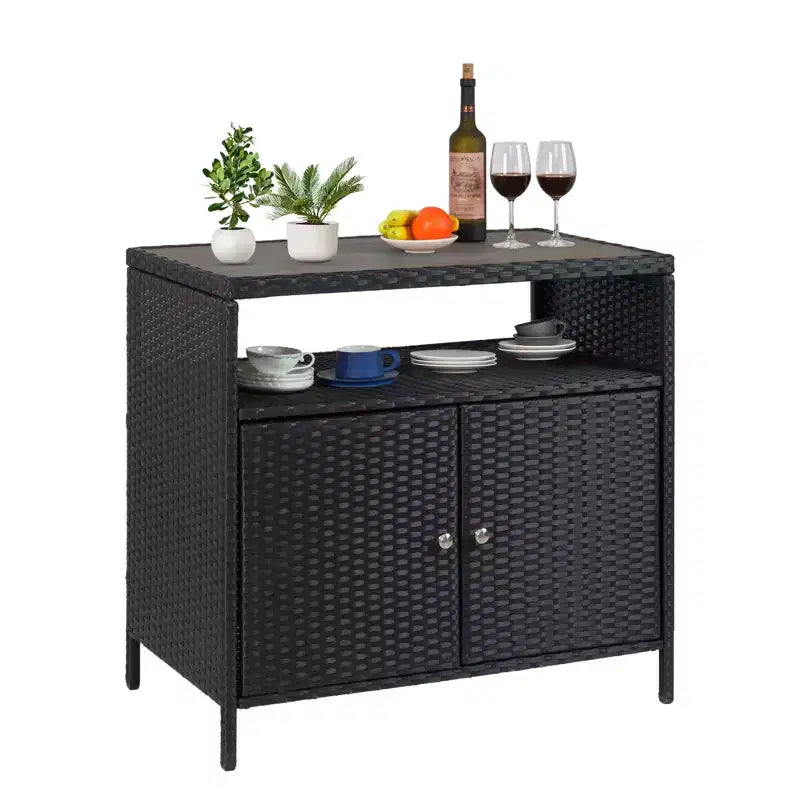 Resin Wicker Storage Cabinet Versatile Outdoor/Indoor Organizer with Spacious Tabletop and Shelf Ideal for Patio Garden Poolside or Kitchen Use