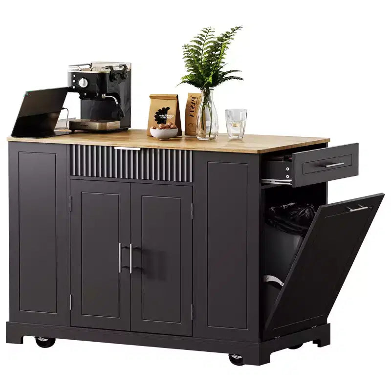 Pexfix Kitchen Island with Trash Can Storage Cabinet & Power Outlet & Storage Rack & 3 Drawer & 3 Open Side Racks for 10 Gallon Garbage Bin Black
