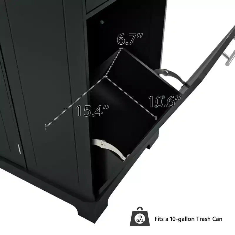 Pexfix Kitchen Island with Trash Can Storage Cabinet & Power Outlet & Storage Rack & 3 Drawer & 3 Open Side Racks for 10 Gallon Garbage Bin Black