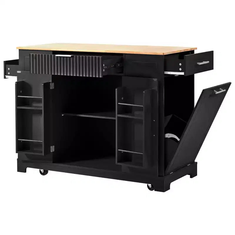 Pexfix Kitchen Island with Trash Can Storage Cabinet & Power Outlet & Storage Rack & 3 Drawer & 3 Open Side Racks for 10 Gallon Garbage Bin Black