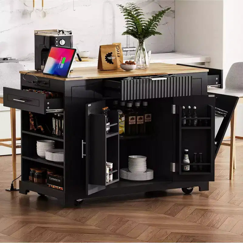 Pexfix Kitchen Island with Trash Can Storage Cabinet & Power Outlet & Storage Rack & 3 Drawer & 3 Open Side Racks for 10 Gallon Garbage Bin Black