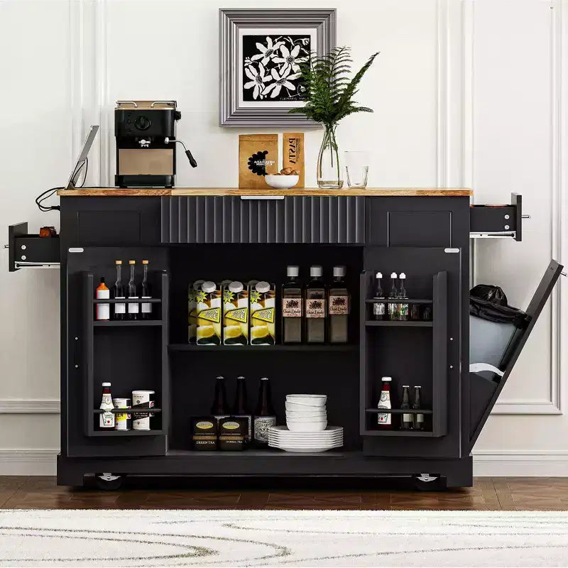 Pexfix Kitchen Island with Trash Can Storage Cabinet & Power Outlet & Storage Rack & 3 Drawer & 3 Open Side Racks for 10 Gallon Garbage Bin Black