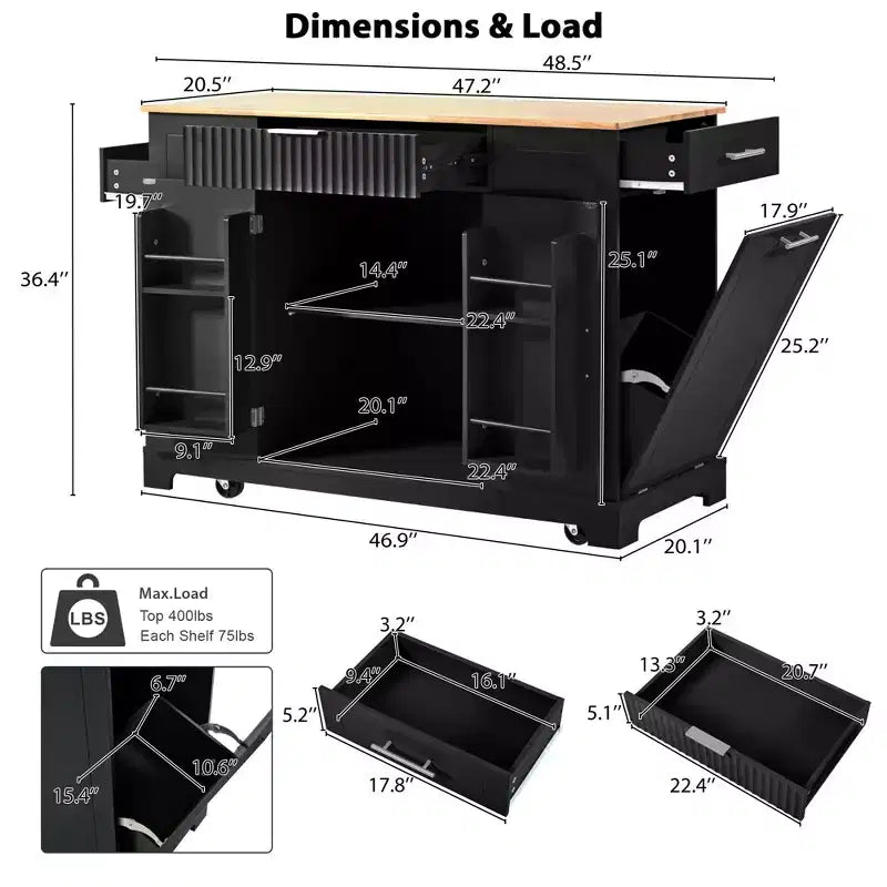 Pexfix Kitchen Island with Trash Can Storage Cabinet & Power Outlet & Storage Rack & 3 Drawer & 3 Open Side Racks for 10 Gallon Garbage Bin Black