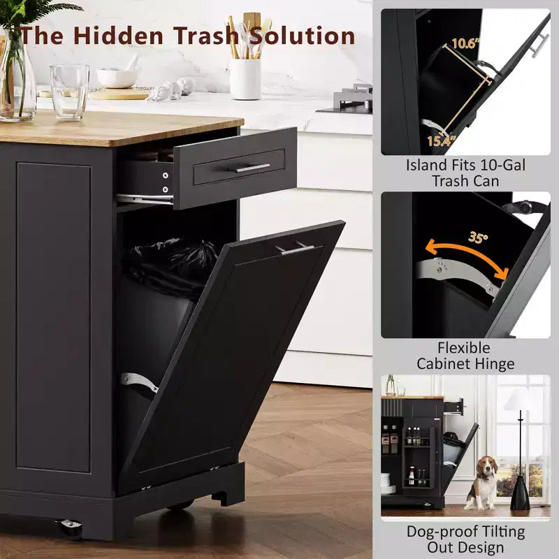 Pexfix Kitchen Island with Trash Can Storage Cabinet & Power Outlet & Storage Rack & 3 Drawer & 3 Open Side Racks for 10 Gallon Garbage Bin Black