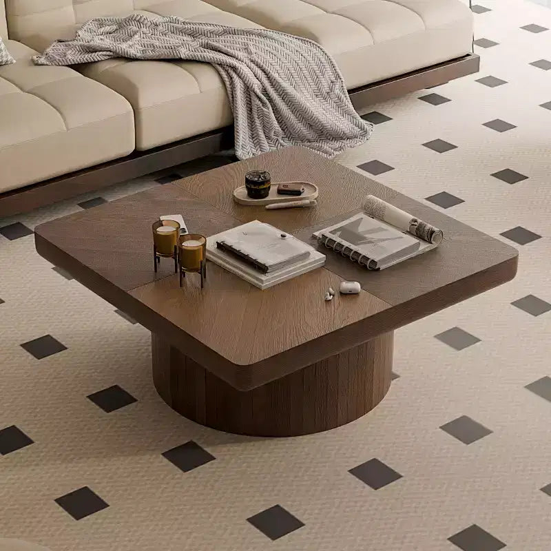 Okak Vintage Square Fluted Coffee Table with Parquet Pattern Solid Wood Veneer Center Table for Living Room Bedroom