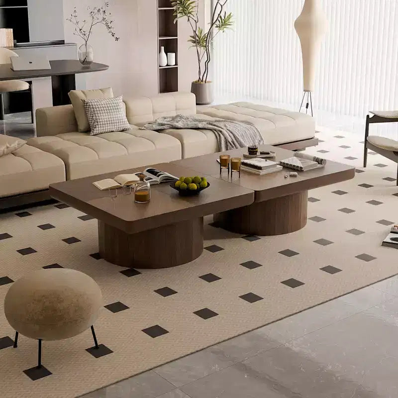 Okak Vintage Square Fluted Coffee Table with Parquet Pattern Solid Wood Veneer Center Table for Living Room Bedroom