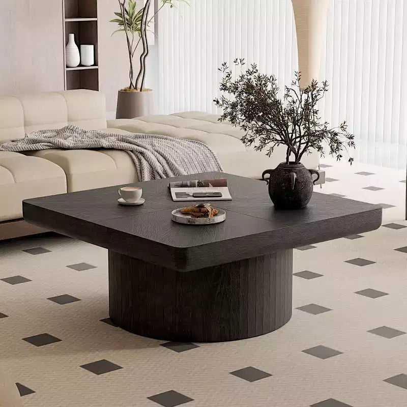 Okak Vintage Square Fluted Coffee Table with Parquet Pattern Solid Wood Veneer Center Table for Living Room Bedroom