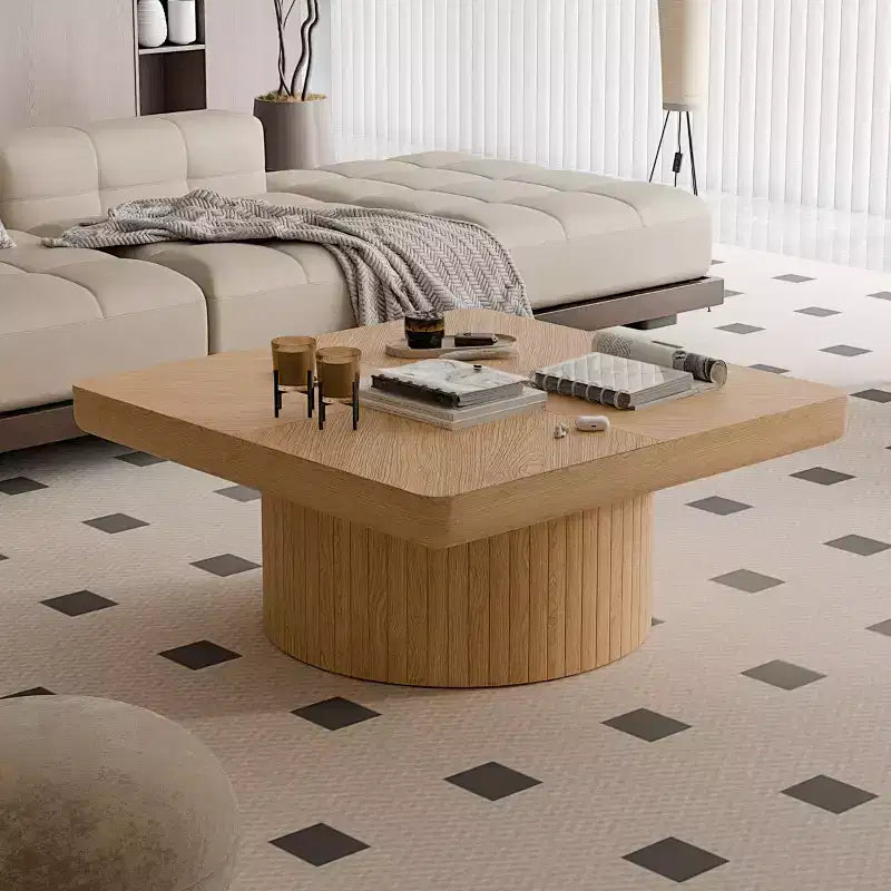 Okak Vintage Square Fluted Coffee Table with Parquet Pattern Solid Wood Veneer Center Table for Living Room Bedroom