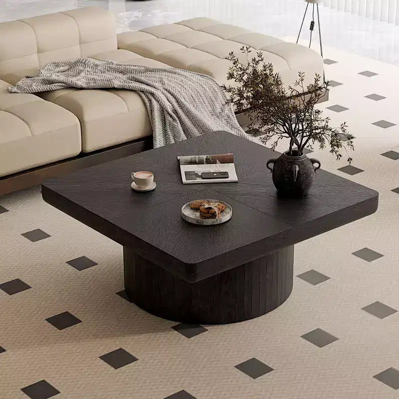 Okak Vintage Square Fluted Coffee Table with Parquet Pattern Solid Wood Veneer Center Table for Living Room Bedroom