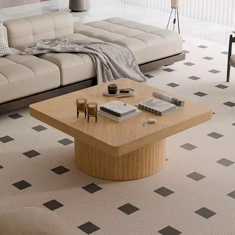 Okak Vintage Square Fluted Coffee Table with Parquet Pattern Solid Wood Veneer Center Table for Living Room Bedroom