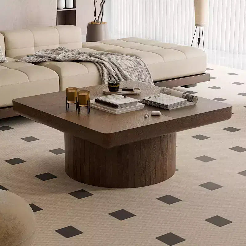 Okak Vintage Square Fluted Coffee Table with Parquet Pattern Solid Wood Veneer Center Table for Living Room Bedroom