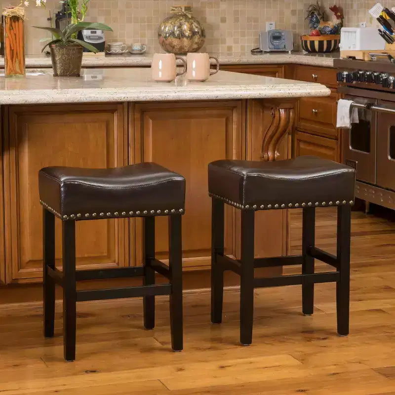 Set of 2 Lissette Counter Height Barstools Brown - Christopher Knight Home: Bonded Leather Bronze Studs Rubberwood Frame