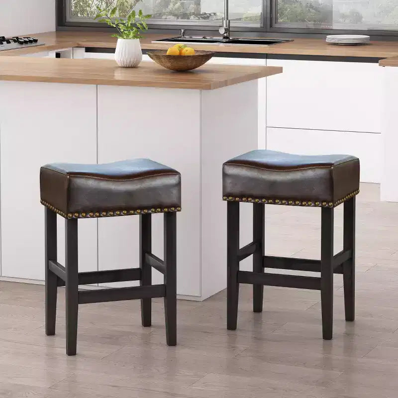 Set of 2 Lissette Counter Height Barstools Brown - Christopher Knight Home: Bonded Leather Bronze Studs Rubberwood Frame