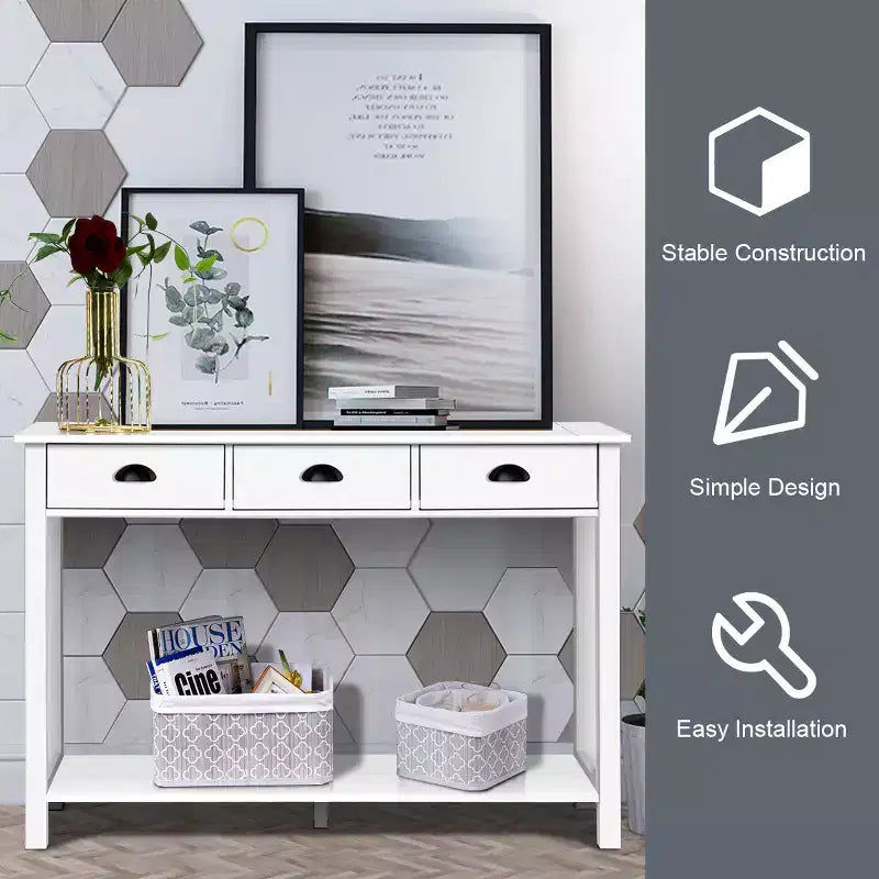 Costway 47'' Console Table Hall Table Side Desk Accent Table Drawers Shelf Entryway White